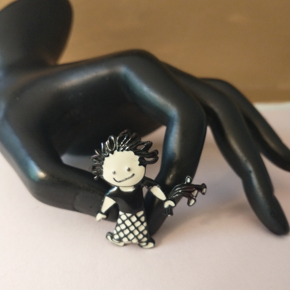 Vintage 1960s black & white enamel SFJ Steinmetz (#48990) Wild Girl Kid Polka